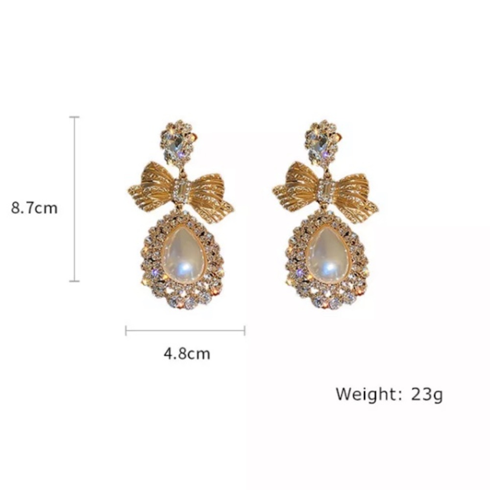 🌟 Gold Color Bowknot Crystal Oversize Water Drop Pearl Dangle Statement - Picture 6 of 6